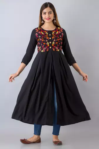 Nishabd women rayon embroidered frontslit  3/4 sleeves calf kurta