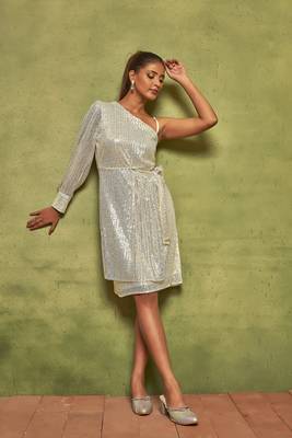 Pearl white one shoulder party wear dress 1