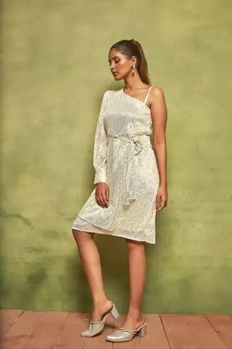 Pearl white one shoulder party wear dress