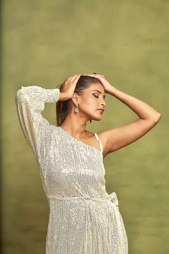 Pearl white one shoulder party wear dress