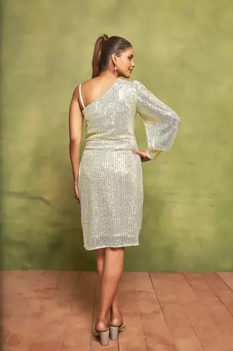 Pearl white one shoulder party wear dress