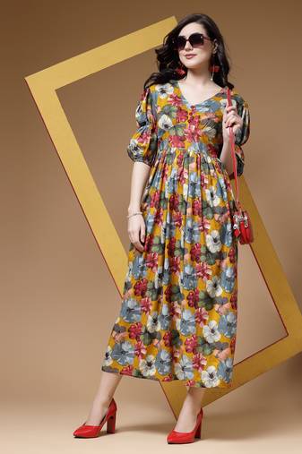 Indibelle mustard floral print rayon flared dress