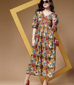 Indibelle mustard floral print rayon flared dress