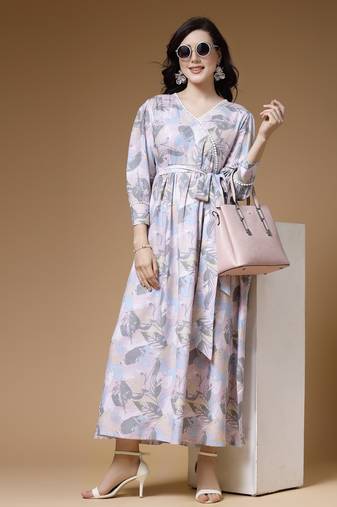 Indibelle pink abstract print rayon belted dress