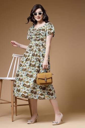 Indibelle mehandi floral print rayon dress
