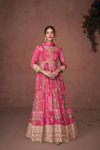 Dark pink floral print organza silk floor length full stitched gowns