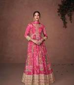 Dark pink floral print organza silk floor length full stitched gowns