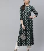 Mokshi women's green rayon printed straight kurta