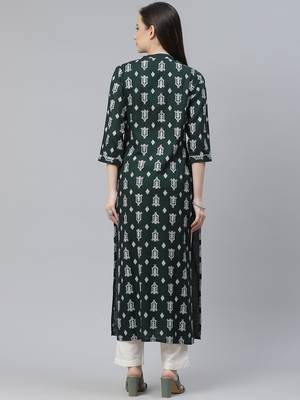 Mokshi women's green rayon printed straight kurta 2