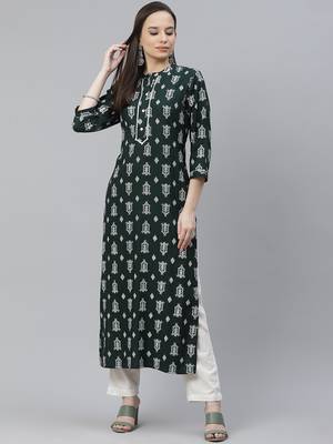 Mokshi women's green rayon printed straight kurta 4