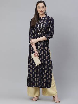 Mokshi women's blue rayon printed straight kurta 1