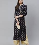 Mokshi women's blue rayon printed straight kurta