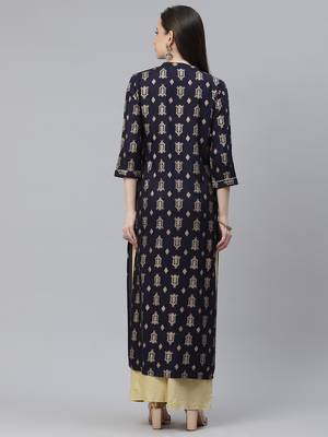 Mokshi women's blue rayon printed straight kurta 2
