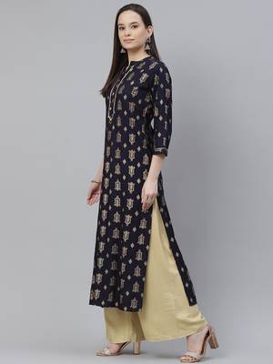 Mokshi women's blue rayon printed straight kurta 3