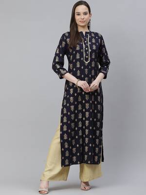 Mokshi women's blue rayon printed straight kurta 4