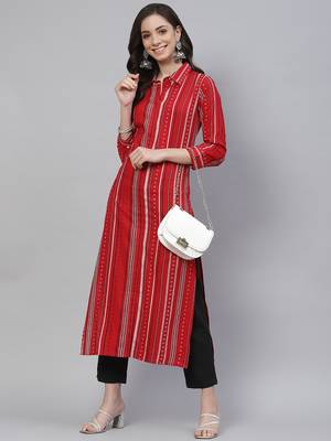 Mokshi red striped rayon straigh kurta 1