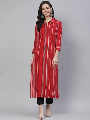 Mokshi red striped rayon straigh kurta 2