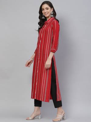 Mokshi red striped rayon straigh kurta 3
