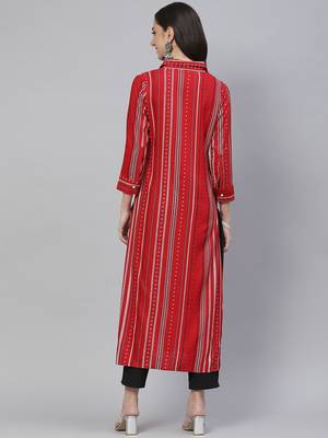 Mokshi red striped rayon straigh kurta 4