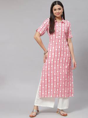 Mokshi pink floral printed rayon straight kurta 1