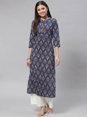 Mokshi blue printed rayon straight kurta 1