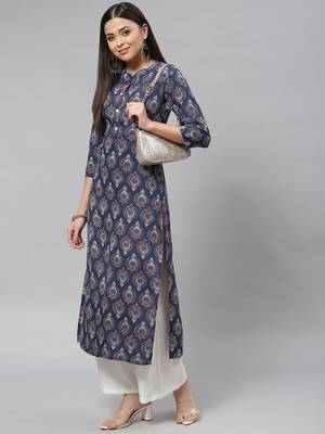 Mokshi blue printed rayon straight kurta 2