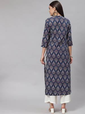 Mokshi blue printed rayon straight kurta 3