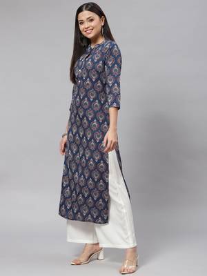 Mokshi blue printed rayon straight kurta 4