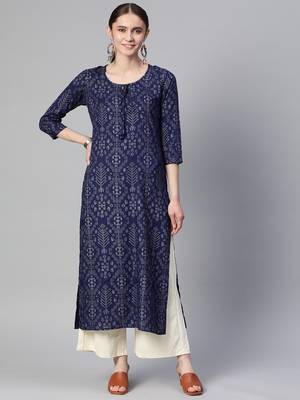 Mokshi blue printed rayon straight kurta 1