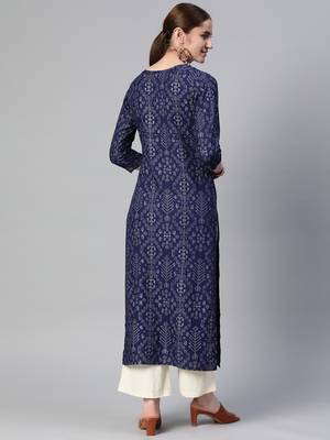 Mokshi blue printed rayon straight kurta 3