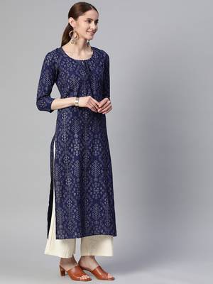Mokshi blue printed rayon straight kurta 4