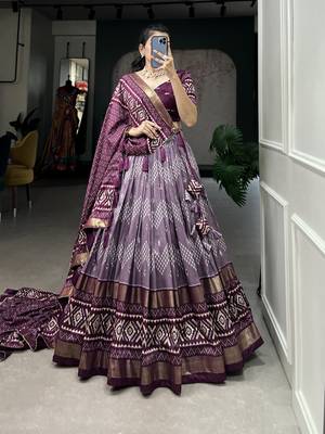 Women's Tussar Silk With Dot & Ikkat Print With Foil Work Lehenga Choli Set 1