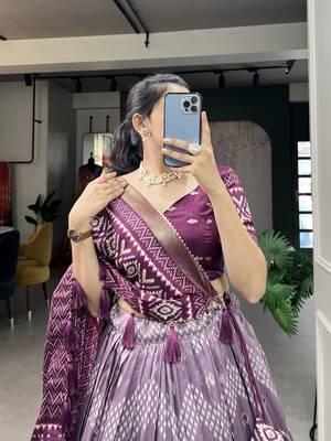Women's Tussar Silk With Dot & Ikkat Print With Foil Work Lehenga Choli Set 2