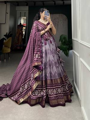 Women's Tussar Silk With Dot & Ikkat Print With Foil Work Lehenga Choli Set 3