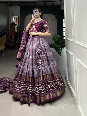 Women's Tussar Silk With Dot & Ikkat Print With Foil Work Lehenga Choli Set 4