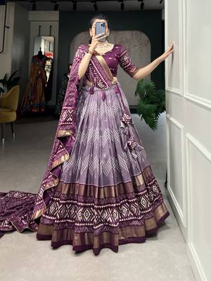 Women's Tussar Silk With Dot & Ikkat Print With Foil Work Lehenga Choli Set 5