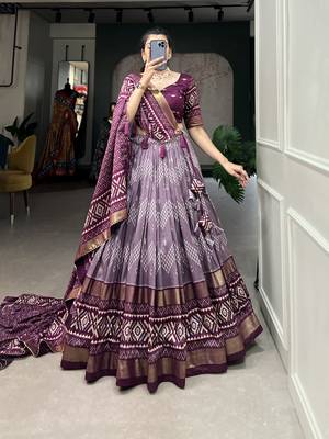 Women's Tussar Silk With Dot & Ikkat Print With Foil Work Lehenga Choli Set 6