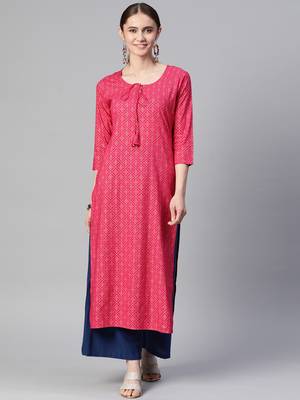 Mokshi pink printed rayon straight kurta 1