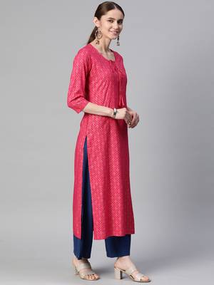 Mokshi pink printed rayon straight kurta 4