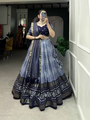 Women's Tussar Silk With Dot & Ikkat Print With Foil Work Lehenga Choli Set 1