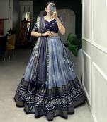Women's Tussar Silk With Dot & Ikkat Print With Foil Work Lehenga Choli Set