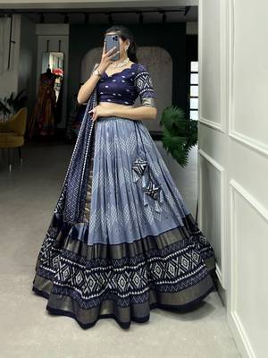 Women's Tussar Silk With Dot & Ikkat Print With Foil Work Lehenga Choli Set 3