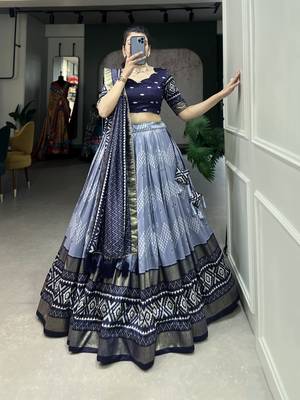 Women's Tussar Silk With Dot & Ikkat Print With Foil Work Lehenga Choli Set 4