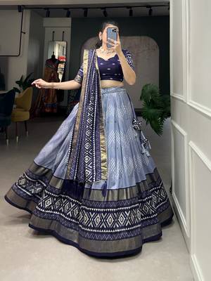Women's Tussar Silk With Dot & Ikkat Print With Foil Work Lehenga Choli Set 5