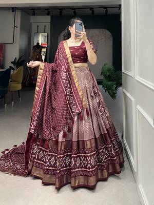 Women's Tussar Silk With Dot & Ikkat Print With Foil Work Lehenga Choli Set 1