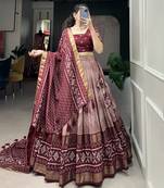 Women's Tussar Silk With Dot & Ikkat Print With Foil Work Lehenga Choli Set