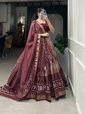 Women's Tussar Silk With Dot & Ikkat Print With Foil Work Lehenga Choli Set 3