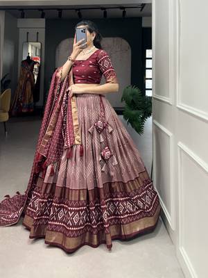 Women's Tussar Silk With Dot & Ikkat Print With Foil Work Lehenga Choli Set 4