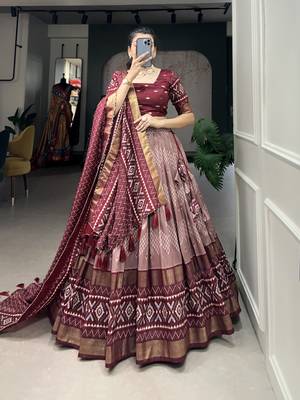 Women's Tussar Silk With Dot & Ikkat Print With Foil Work Lehenga Choli Set 5