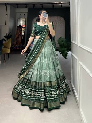 Women's Tussar Silk With Dot & Ikkat Print With Foil Work Lehenga Choli Set 1